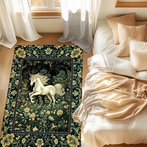 Earthy Ethereal Unicorn Bedroom Rug | Whimsical Nature Fairytale Magic Medieval Accent Rug Woodland Aesthetic Storybook Nostalgic Decor |