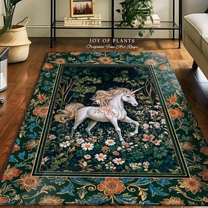 Storybook Aesthetic Mystic Unicorn Rug | Colorful Maximalist Area Rug Whimsical Victorian Fairycore Ethereal Bedroom Rug Medieval Woodland |