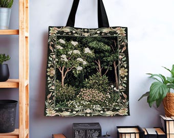 Emerald Green Medieval Tree Tapestry Tote | Magical Woodland Cottagecore Aesthetic Nature Lover Bookish Bag Olive Green Style Bohemian Cute
