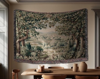 Pastoral Garden Estate Tapestry | Rustic Elegance Old World Woven Throw Blanket European Scenic Vista French Verdure Landscape Pastel Floral