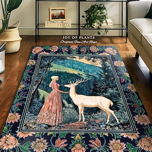 Victorian Floral Fantasy Area Rug | Ornate Botanical Landscape Accent Rug Maximalist Gothic Folklore Whimsical Bedroom Carpet Elven Princess