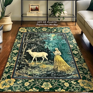 Dreamy Fairytale Forest Deer Rug | Folklore Inspired Ethereal Nature Area Rug Woodland Bedroom Botanical Carpet Elegance Magical Mystic Art