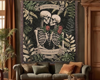 May include: A woven wall tapestry featuring two skeletons facing each other, surrounded by green foliage and red roses. The text "JASPER & WILLOW" appears at the top, and "FOREVER AND ALWAYS" with "EST. 2023" is printed on a banner at the bottom.
