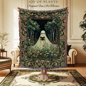 Reading Ghost Wildflower Woven Tapestry Style Wall Blanket | Cozy Cute Whimsical Gothic Botanical Bedspread Throw Spooky Forestcore Decor