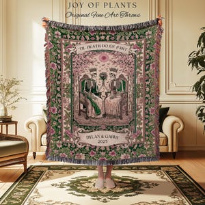 Botanical Gothic Custom Skeleton Blanket | Personalized Anniversary Gift for Wife Witchy Wedding Throw Spooky Couple Tapestry with Names