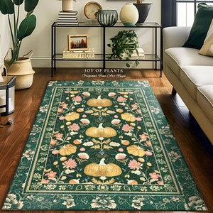 Elegant Emerald Green Pumpkin Floral Rug Whimsical Cottagecore Decor | Vintage Aesthetic Autumn Botanical Enchanting Art Nouveau Fall Decor