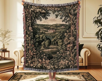 Renaissance Aesthetic Woven Wall Tapestry | Whimsical Fairytale Botanical Magic Garden Throw Blanket Fairycore Woodland Natural Elegance |