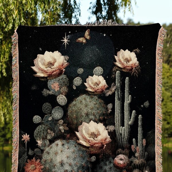 Cactus Flower Tapestry Wall Hanging | Southwestern Wall Art Desert Aesthetic Blanket Woven Tapestry | Cacti Tapestry Whimsical Room Decor |