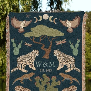 Jungle Blanket Custom Initial Tapestry | Anniversary Gift for Couple Blanket Personalized | Custom Anniversary Tapestry Jungle Blanket Woven