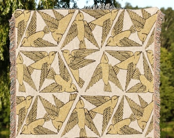 Yellow Geometric Woven Tapestry | Art Deco Woven Blanket | Maurice Pillard Verneuil Bird Art | Vintage Art Nouveau Woven Blanket Sparrow |