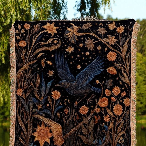 Dark Cottagecore Crow Tapestry Woven | Raven Wall Art Blanket Woven Wall Hanging | Woodland Aesthetic Halloween Gothic Decor Crow Blanket |