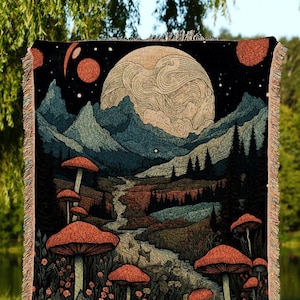 Celestial Mushroom Mountain Throw Blanket Fairycore | Full Moon Woodland Mushroom Tapestry Cottagecore Decor Goblincore Woven Throw Blanket