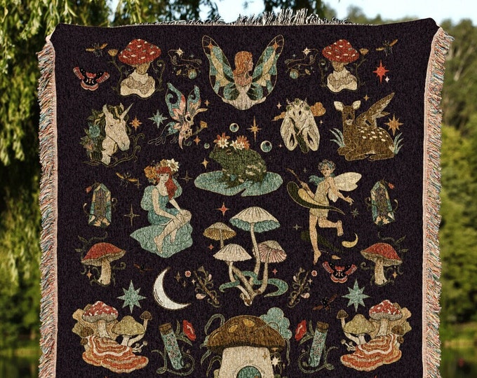 Fairycore Decor Woven Blanket | Celestial Fairy Tapestry Woven Decor | Cottagecore Aesthetic Blanket Woodland Magic Decor Celestial Blanket