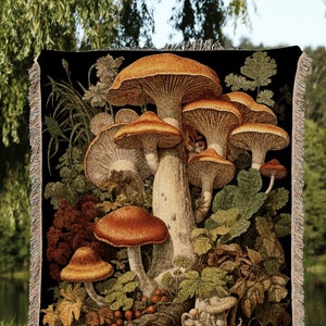 Woodland Mushroom Throw Blanket Cottagecore Decor | Mushroom Woven Throw Blanket Woven Tapestry Gothic Cottagecore Mushroom Vintage Blanket