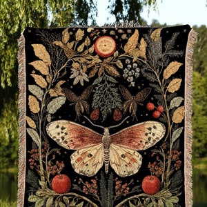 Dark Cottagecore Moth Blanket Woven Tapestry Mystical | Dark Academia Blanket Woven Tapestry Cottagecore Decor | Celestial Butterfly Decor |