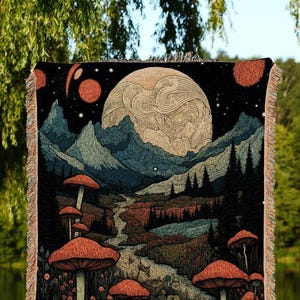 Celestial Mushroom Mountain Throw Blanket Fairycore | Full Moon Woodland Mushroom Tapestry Cottagecore Decor Goblincore Woven Throw Blanket