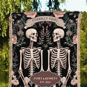 Eternally Yours Skeleton Lover Picnic Blanket | Thoughtful Anniversary Wedding Tapestry Botanical Couple Gift Personalized His & Hers Custom