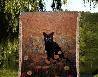 Poppy Fields Black Cat Art Halloween Decor Tapestry Black Cat Woven Blanket | Spooky Cat Halloween Decor Dark Cottagecore Tapestry Floral |