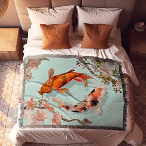 Woven Tapestry Koi Fish Aesthetic | Vintage Japanese Art Tapestry | Japanese Koi Fish Art Blanket | Art Print Woven Blanket Japanese Decor |