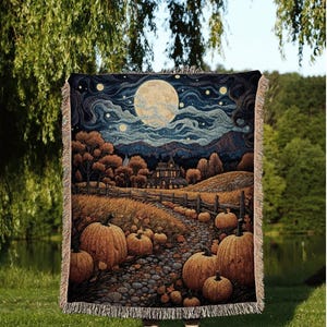 Harvest Moon Fall Landscape Vintage Halloween Tapestry Blanket Woven | Fall Aesthetic Decor Throw Blanket Woven Wall Art Halloween Decor |