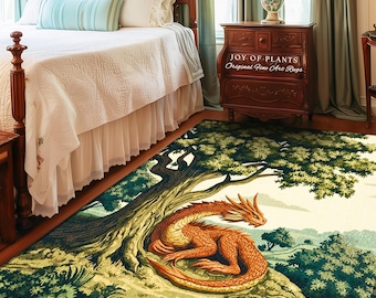 Antique Aesthetic Dragon Rug Rustic Woodland Fairytale Farmhouse Decor | Whimsical Fantasy Medieval Art Forestcore Goblincore Home Accent
