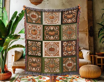Retro Fall Pumpkin Blanket Woven Cozy | Autumn Colors Home Decor Whimsical Halloween Throw Blanket Book Nook Room Decor Fall Vibes Cute |