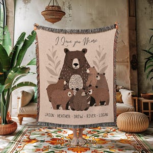 Personalized Mama Bear Blanket | Custom Family Gift for Mom with Grandchildren Names Sentimental Parent Tapestry Woven Throw Boho image 1