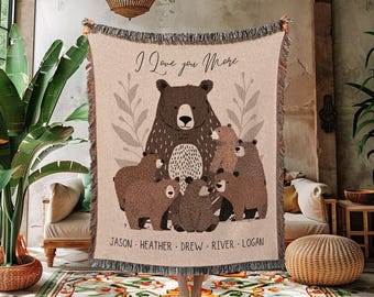Personalized Mama Bear Blanket | Custom Family Gift for Mom with Grandchildren Names Sentimental Parent Tapestry Woven Throw Boho