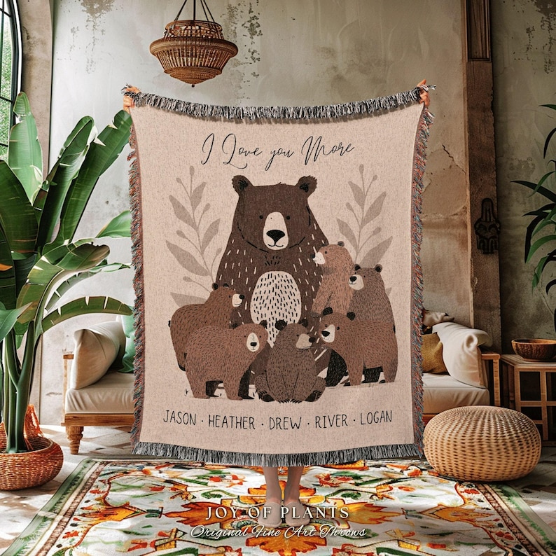 Personalized Mama Bear Blanket | Custom Family Gift for Mom with Grandchildren Names Sentimental Parent Tapestry Woven Throw Boho image 1