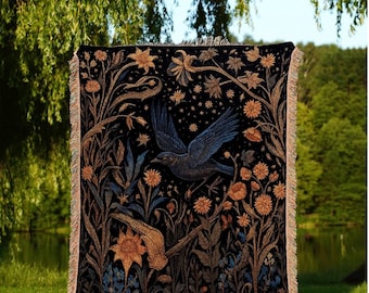 Dark Cottagecore Crow Tapestry Woven | Raven Wall Art Blanket Woven Wall Hanging | Woodland Aesthetic Halloween Gothic Decor Crow Blanket |