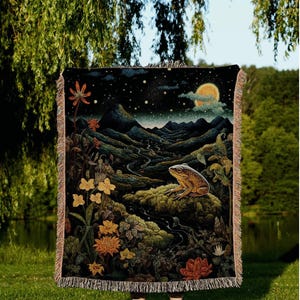 Whimsical Cottagecore Frog Tapestry Nature Inspired Art Woven Wall Hanging | Frog Blanket Woven Throw Goblincore Decor Landscape Tapestry |
