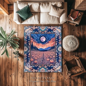 Witchy Night Sky Full Moon Rug | Pastel Fall Decoration Cozy Autumn Accent Rug Pumpkin Patch Whimsigoth Aesthetic Spooky Dark Academia Dorm