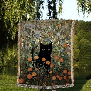 Black Cat In The Wildflowers Tapestry Floral Art Halloween Decor Tapestry Black Cat Woven Blanket | Spooky Cat Halloween Decor Cottagecore |