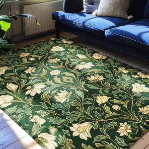 Victorian Gothic Floral Forest Green Rug Dark Botanical Art Nouveau Decor | Whimsical Room Vintage Cottagecore Woodland Fairycore Area Rug
