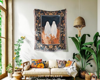 Spooky Cute Ghost Tapestry Whimsigothic Art Halloween Cute Ghost Blanket Woven Tapestry Fall Floral Gothic Decor Dark Cottagecore Wall Art