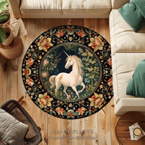 Princesscore Bedroom Decor William Morris Inspired Cottagecore Room Light Academia Style Rug Mystical Folklore  | Folk Art Unicorn Round Rug