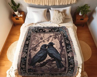 Woodland Woven Blanket Raven Crowcore Throw Blanket Whimsigoth Room Decor | Black Crow Forestcore Vintage Aesthetic Fall Victorian Gothic