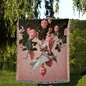 Raspberry Bat Blanket Cottagecore | Pastel Pink Dorm Room Decor Gothic Bat Tapestry Woven | Gothic Home Decor Throw Blanket Woven Tapestry | imagen 1