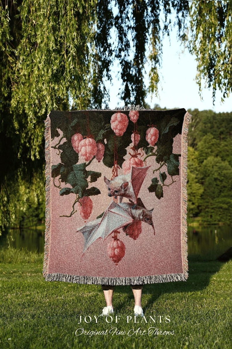 Raspberry Bat Blanket Cottagecore | Pastel Pink Dorm Room Decor Gothic Bat Tapestry Woven | Gothic Home Decor Throw Blanket Woven Tapestry | imagen 1