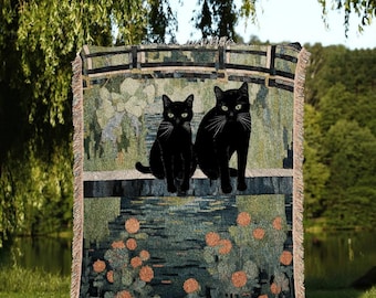 Two Cats at the Pond Blanket Woven Tapestry Claude Monet Bridge Over a Pond of Water Lilies | Art Tapestry Monet Water Lilies Blanket Cat |