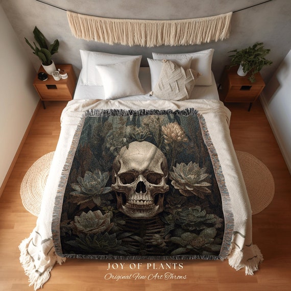 Succulent Skull Blanket Dark Cottagecore Decor Skull Tapestry Plant Lover Gift Goth Blanket Woven Throw Moody Botanical Art Vintage Gothic Etsy