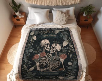 Skeleton Lovers Botanical Blanket | Gothic Wedding Custom Blanket Woven Tapestry Spooky Wedding Personalized Anniversary Gift for Goths |