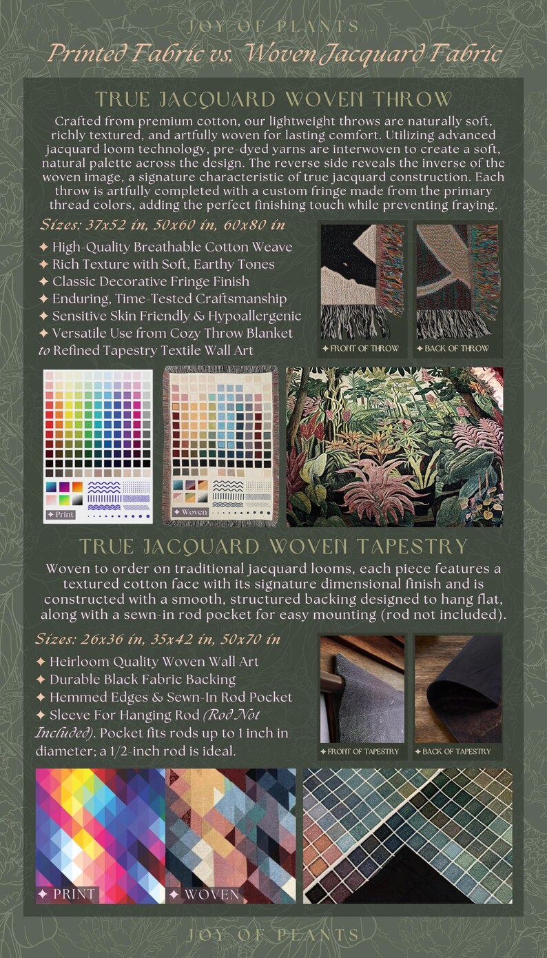 The image is a comparison between printed fabric and woven Jacquard fabric, featuring images of the fabrics in different colors and patterns.