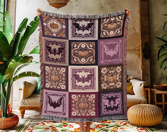 Wimsigothic Purple Bat Pumpkin Throw Light Academia Witchy Decor | Boho Fairycore Decor Whimsical Pastel Halloween Aesthetic Woven Blanket