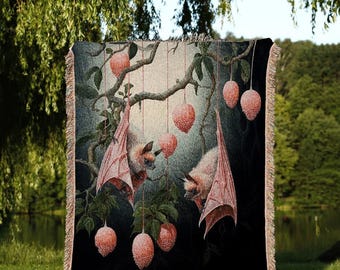 Pastel Pink Cottagecore Bat Blanket | Whimsical Dark Academia Decor Gothic Bat Tapestry Woven | Whimsigothic Tapestry Woven Throw Blanket |