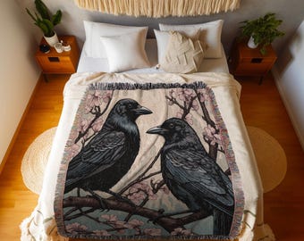 Crowcore Decor Gothic Tapestry Woven Blanket Raven Art | Dark Cottagecore Woodland Aesthetic Crow Blanket Bird Lovers Decor Cottagegoth Gift
