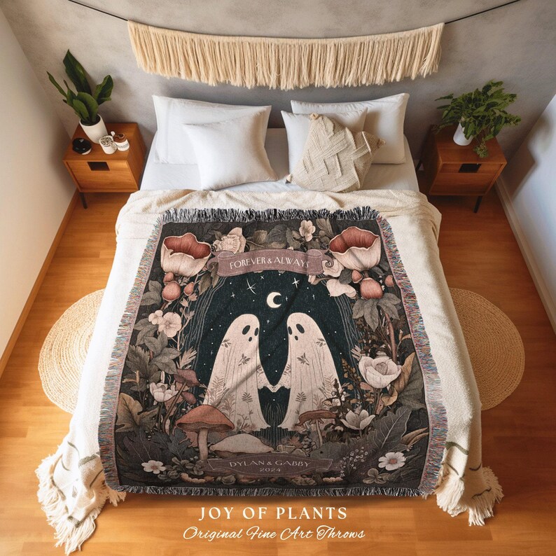 Cottagecore Ghost Couple Woven Tapestry | Boho Wedding Anniversary Gift Personalized Mr & Mrs Custom Ghost Couple Witchy Throw Blanket Cute immagine 3