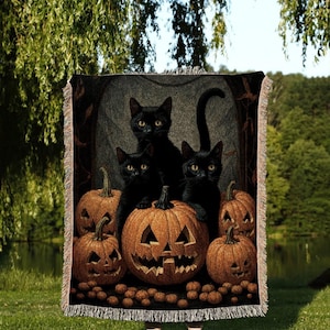 Vintage Halloween Pumpkin Black Cat Tapestry | Spooky Season Black Cat Halloween Decor Dark Cottagecore Tapestry Woven Blanket Witch Decor |