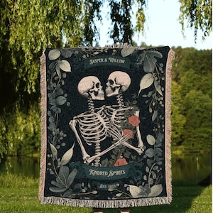 Goth Couple Gift Custom Blanket | Gothic Wedding Custom Blanket Woven Tapestry Skeleton Couple Gift Personalized Anniversary Gift for Goths