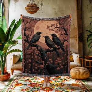Moonlit Ravens Woven Throw Blanket Dark Woodland Gothic Tapestry | Enchanted Crowcore Whimsigoth Aesthetic Mystical Crow Fall Forestcore Art 画像 7